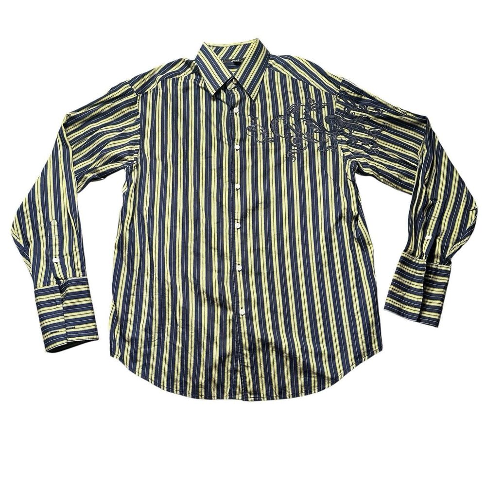 Sean John Shirt Mens L Blue Yellow Stripe Embroidered 100% Cotton Button Up